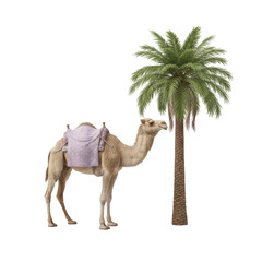 serene desert scene featuring a camel with a blanket standing beside a lush palm tree isolated