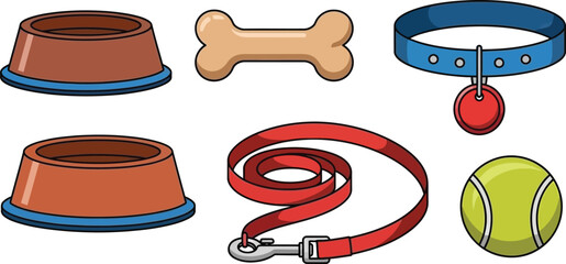 Flat vector style set of 5 pet accessories dog bowl bone collar with tag leash and tennis ball