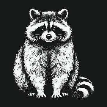 A striking black and white illustration of a cute raccoon sitting upright on a dark background.