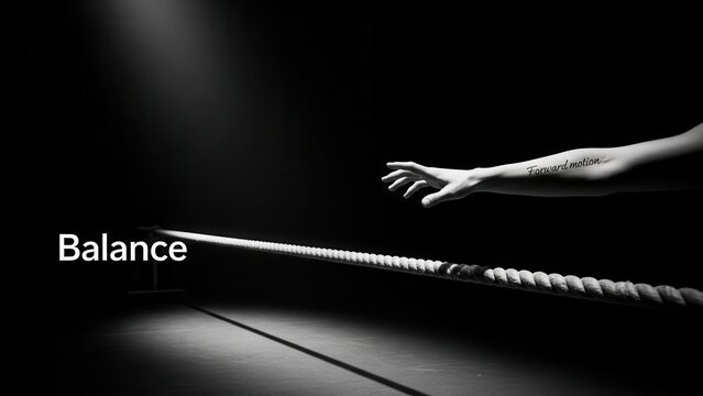 Performer balances on tightrope reaching out