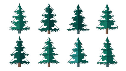 Flat lay of six green pine trees in various shades on white background.