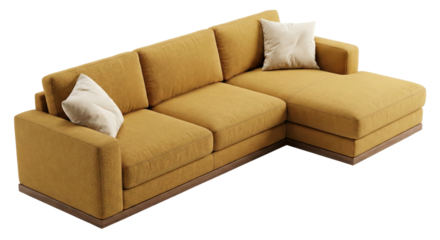 luxurious mustard-colored sectional sofa with plush cushions isolated on transparent background