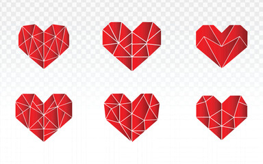 Collection of six red geometric hearts in a modern low poly wireframe style on a transparent background. Clean vector icons ideal for Valentine&rsquo;s Day designs, romantic branding, and health logos.