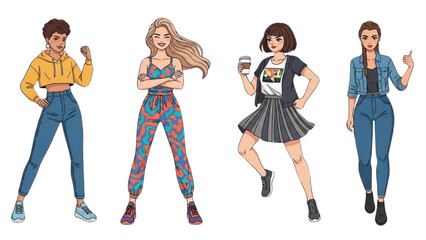 Fototapeta premium Four women in various poses and outfits are illustrated against a plain white background.