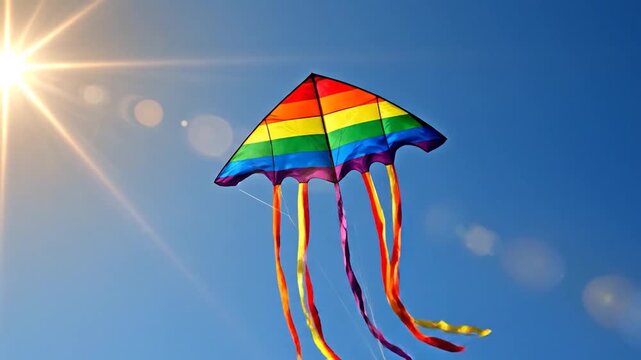 Colorful kite soaring against clear blue sky