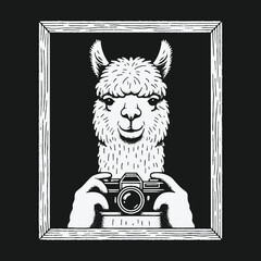 Fototapeta premium Monochrome hand drawn illustration of a llama holding a vintage camera.