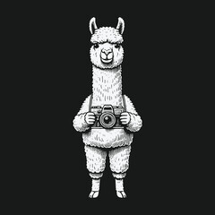 Fototapeta premium Hand drawn illustration of a llama photographer holding a camera.