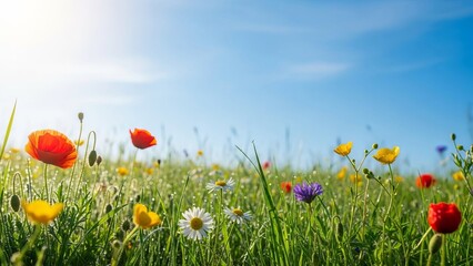 Bright wildflowers blooming in a sunny meadow under blue sky  
