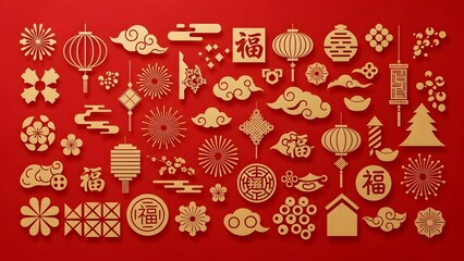 Vibrant Red Background Adorned with Golden Lunar New Year Ornaments, Traditional Symbols, and Festive Decorations