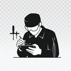 Black silhouette of a professional technician repairing a smartphone with precision tools. Clean minimalist vector illustration for mobile repair services, tech support branding, and electronics
