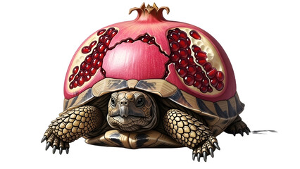 A whimsical digital illustration depicts a tortoise shell cleverly disguised as a ripe pomegranate showcasing opened seeds on transparent background high-quality professional detailed modern elegant