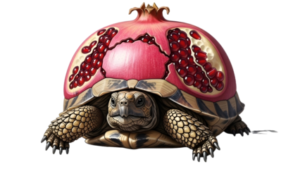 A whimsical digital illustration depicts a tortoise shell cleverly disguised as a ripe pomegranate showcasing opened seeds on transparent background high-quality professional detailed modern elegant