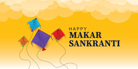 Happy Makar Sankranti Greeting with Colorful Kites on Yellow Background
