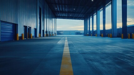 Obraz premium Empty industrial warehouse interior blue metal siding concrete floor open space