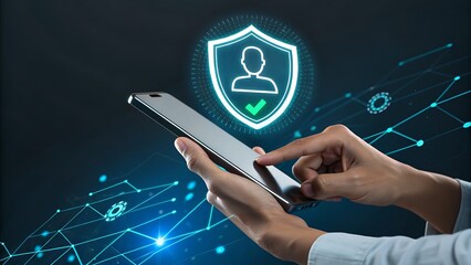 Person using smartphone with digital security shield and network overlay