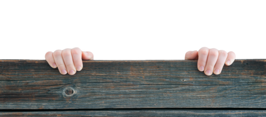 Children's hands holding an old wooden fence on a transparent or white background. PNG.