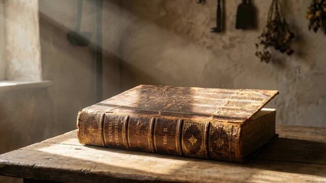 Antique leather bound book resting on a rustic wooden table bathed in dramatic sun rays filtering through a window in a dimly lit room with
