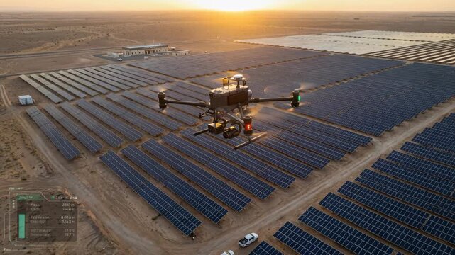 Aerial Drone Surveys Vast Solar Farm at Golden Hour Sunrise Over Desert Landscape Inspecting Renewable Energy Panels