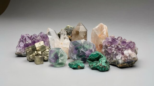 Assortment of Natural Mineral Specimens Including Amethyst Pyrite Fluorite and Malachite on a Solid Gray Background