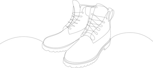 Continuous one line drawing of man boots. Single line art leather boot for winter or autumn hiking. Vector illustration, editable stroke.