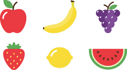Minimalist flat design set of 6 fruit icons apple banana grapes strawberry lemon and watermelon slice