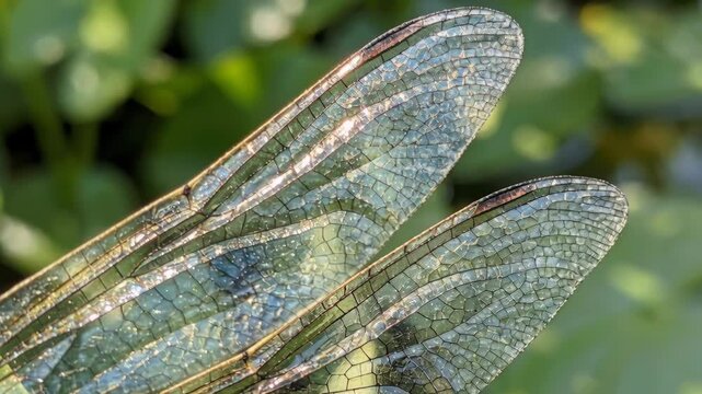 Close Up Of A Dragonfly Wing With Tiny Water Droplets Reflecting Sunlight Against A Blurred Background Of Green Lily Pads In The Morning
