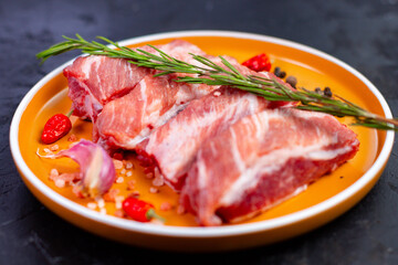 Fresh meat cuts on a plate with herbs and spices ready for cooking