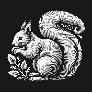 Elegant white squirrel illustration in vintage engraving style on a dark background.