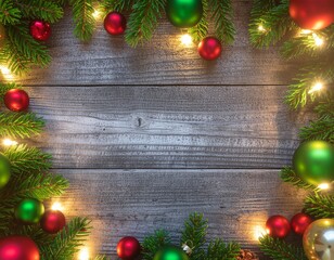 An Aged Wooden Background Framed by Christmas Lights, Ornaments, and Greenery