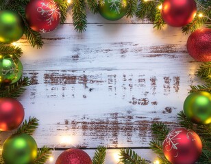 An Aged Wooden Background Framed by Christmas Lights, Ornaments, and Greenery