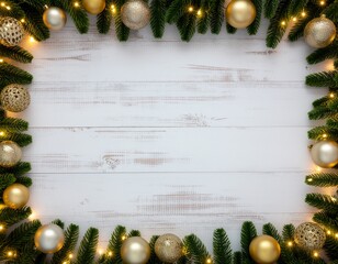 An Aged Wooden Background Framed by Christmas Lights, Ornaments, and Greenery