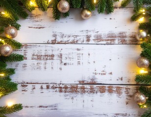 An Aged Wooden Background Framed by Christmas Lights, Ornaments, and Greenery