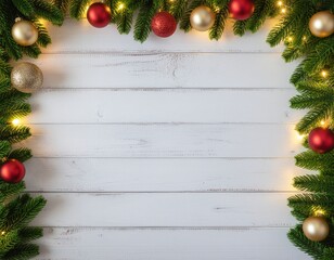 An Aged Wooden Background Framed by Christmas Lights, Ornaments, and Greenery