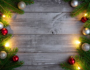 An Aged Wooden Background Framed by Christmas Lights, Ornaments, and Greenery