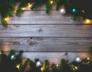 An Aged Wooden Background Framed by Christmas Lights, Ornaments, and Greenery