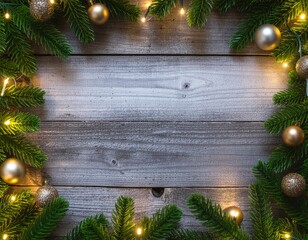 An Aged Wooden Background Framed by Christmas Lights, Ornaments, and Greenery