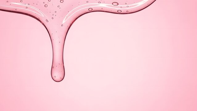 Smooth, vibrant pink cosmetic gel drips elegantly against a soft blush background, creating a refreshing and delicate liquid texture