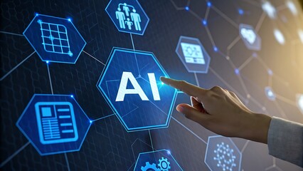 Human finger pointing at AI technology interface with digital network icons