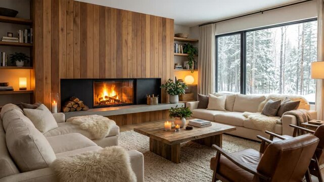 Cozy Living Room With Wood Burning Fireplace Cozy White Sectional Sofas And Rustic Coffee Table With Snowy Forest View Through Large Window