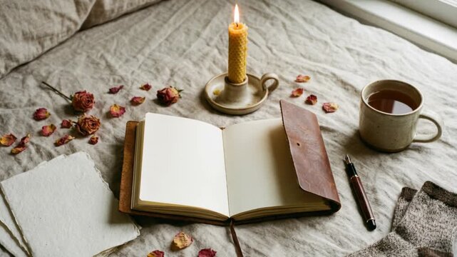 Cozy Morning Scene Open Journal with Burning Candle Tea Mug and Dried Roses on Textured Bedding Gentle Natural Light Illuminates a Peaceful