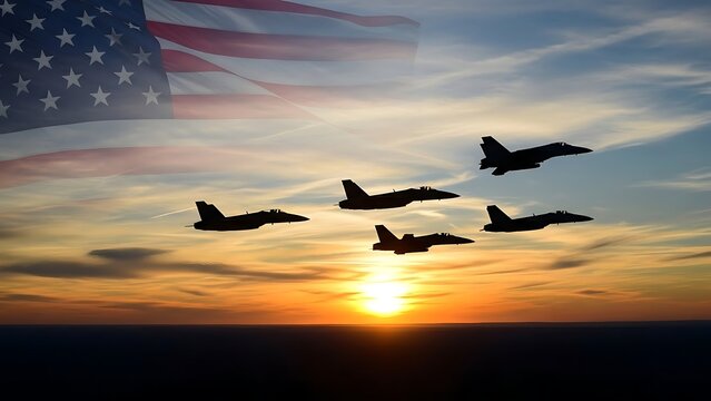Military jets fly in formation under american flag at sunset