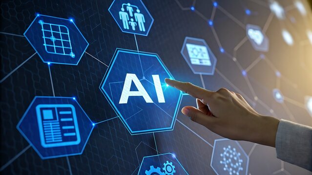 Human finger pointing at AI technology interface with digital network icons - Powered by Adobe