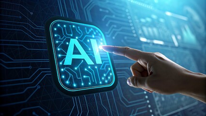 Human finger touching AI digital interface in futuristic technology concept