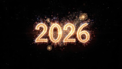 Happy New Year 2026 glittering sparkler fireworks against a dark night sky background. Festive holiday celebration design for cards, banners, and congratulations.