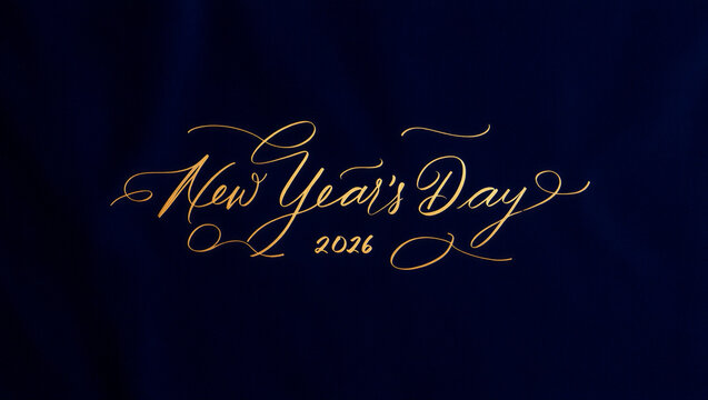 Elegant golden calligraphy text reading new year s day 2026 on a dark blue background perfect for a festive greeting card or banner design
