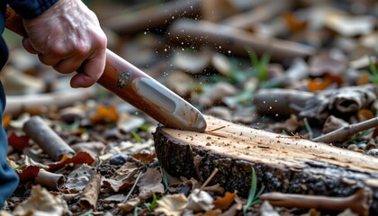 A person in the process of splitting wood, using an axe with care. They are wearing a black jacket and appear to be focusing intently on the task at hand