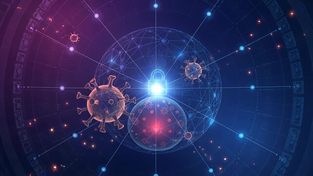 Digital Security Shield Protecting Against Cyber Threats and Viruses With Glowing Lock Icon and Network Grid Background