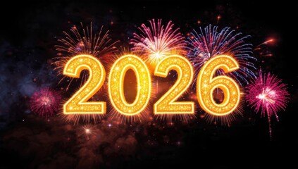 Golden Glitter 2026 New Year Text Surrounded by Spectacular Multicolor Fireworks Bursts Against a Dark Night Sky for Festive Holiday Celebration Background