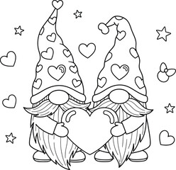 Cute Couple Gnomes Holding Heart - Valentine's Day Coloring Page