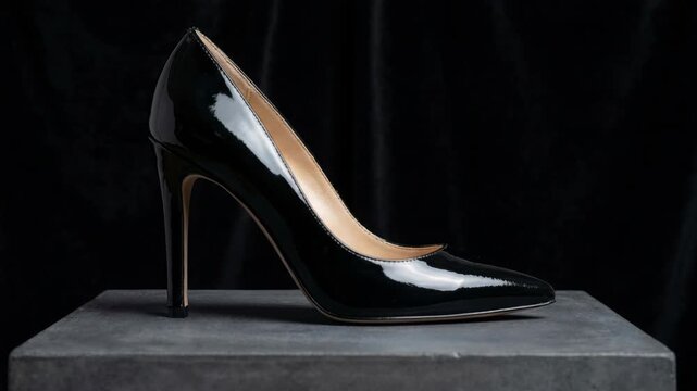 Elegant Black Patent Leather Stiletto High Heel Shoe on Concrete Pedestal Studio Lighting
